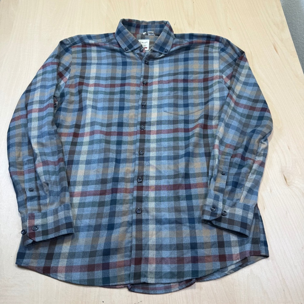 Haupt Modern Fit‎ Plaid Flannel Button Up Shirt Men's XL Blue Burgundy Tan